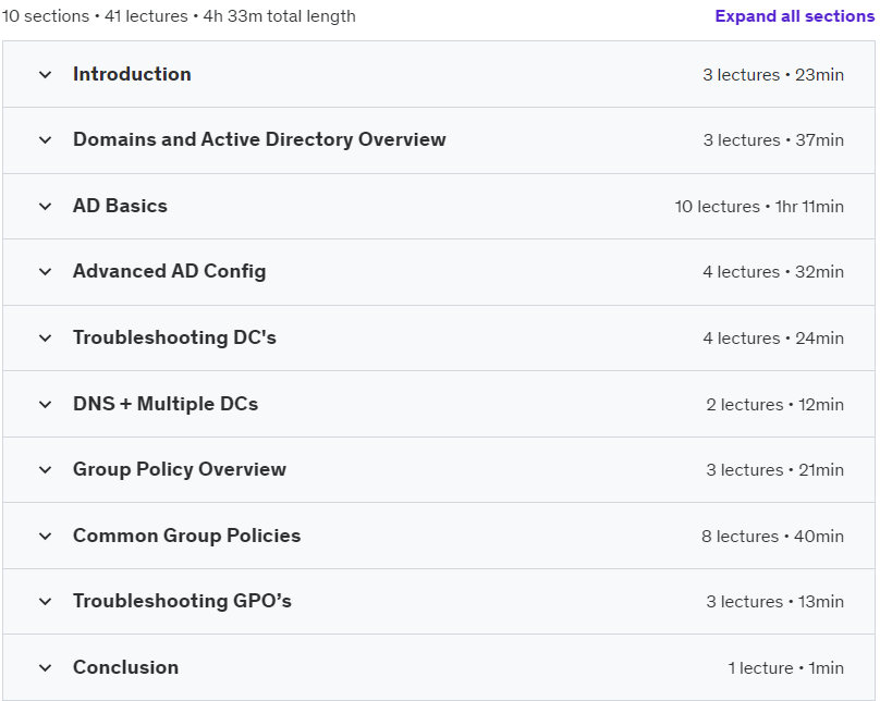 Course topics · Udemy — Active Directory on Windows Server 2019 + Group Policies 2023-2