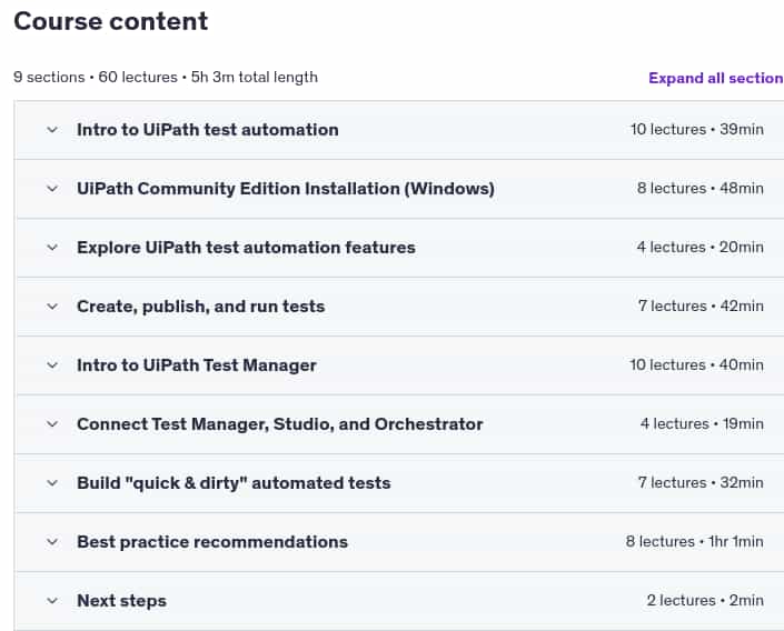 Course topics · Udemy — UiPath 2025 – Test Automation 2025-1