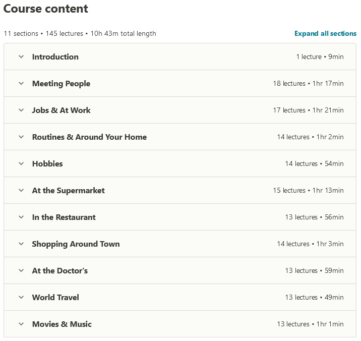Course topics · Udemy — English Language Beginner Masterclass: 10 Courses in 1! 2020-10