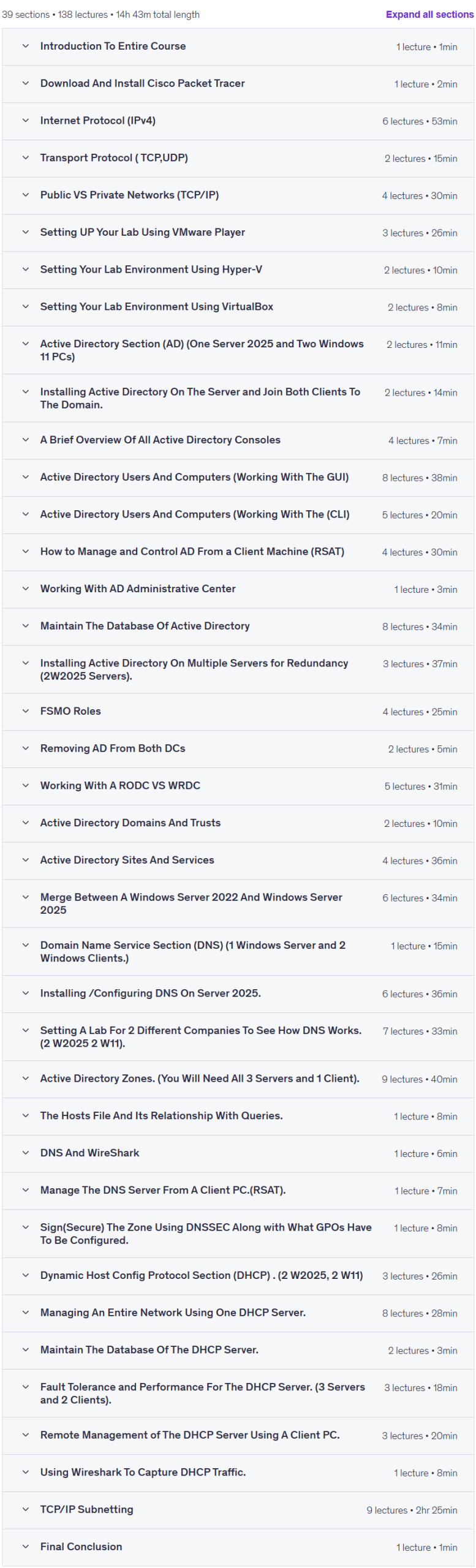 Course topics · Udemy — Active Directory,DNS,DHCP On Windows Server 2025 100% Labs. 2025-7