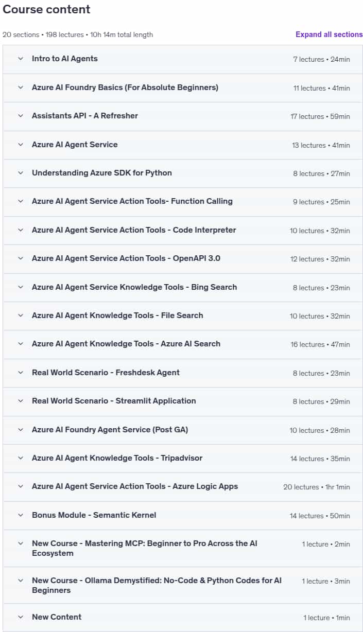 Course topics · Udemy — AI Agents-Beginner to Pro-Azure AI Foundry Agent Service 2025-8