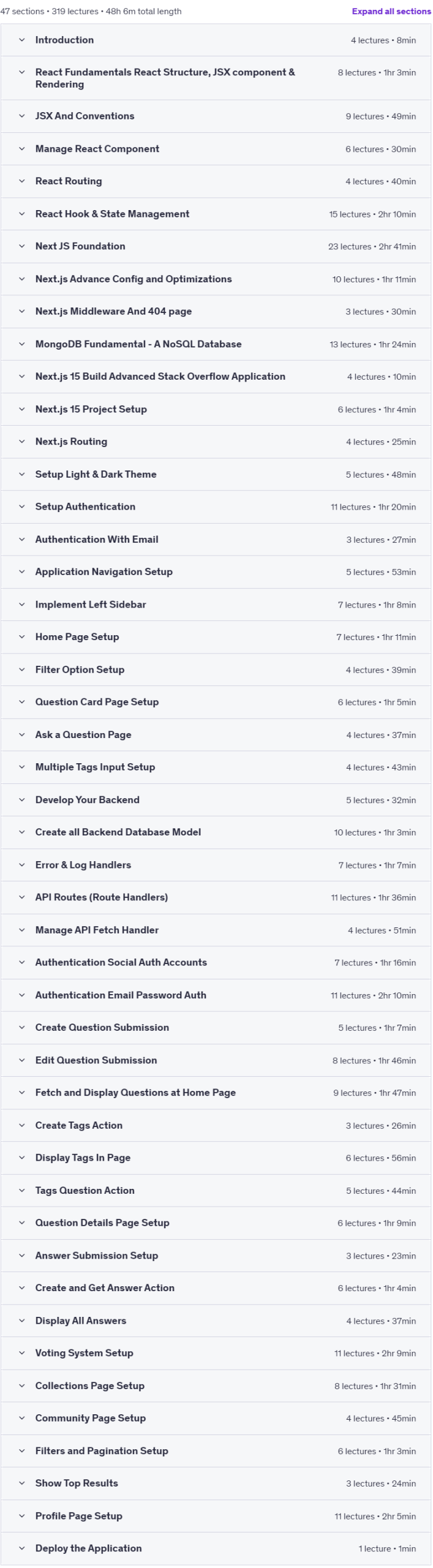 Course topics · Next.js 15 Ultimate Build Advanced StackOverflow Application 2025-4