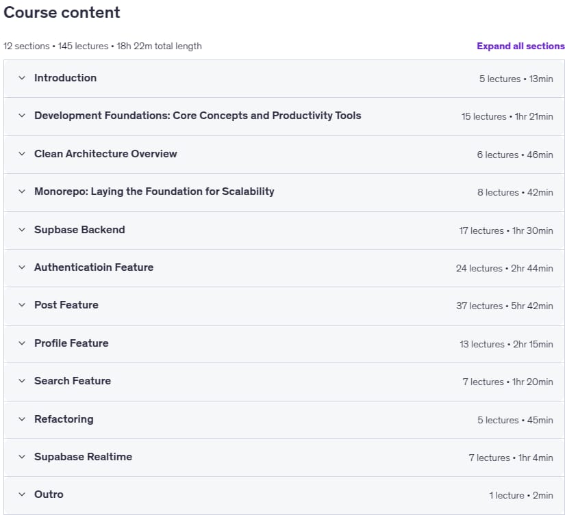 Course topics · Scalable Flutter App: Supabase, Clean Architecture & Bloc 2026-1