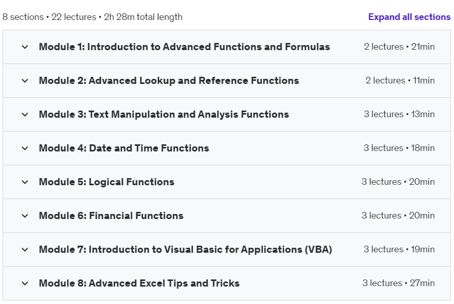 Course topics · Udemy — Microsoft Excel Data Analysis with Formulas and VBA 2024-7