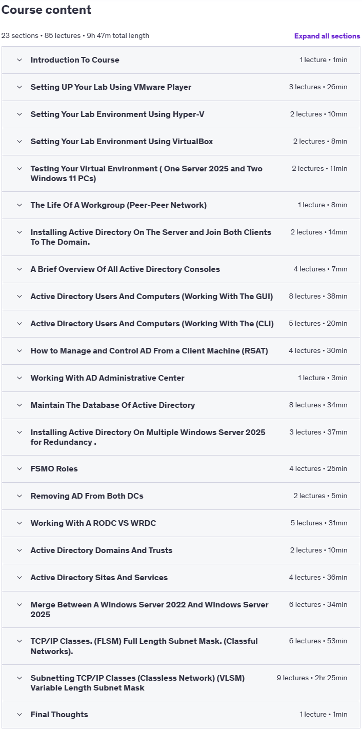 Course topics · Active Directory On Windows Server 2025 Inside Out 100% Labs 2025-3
