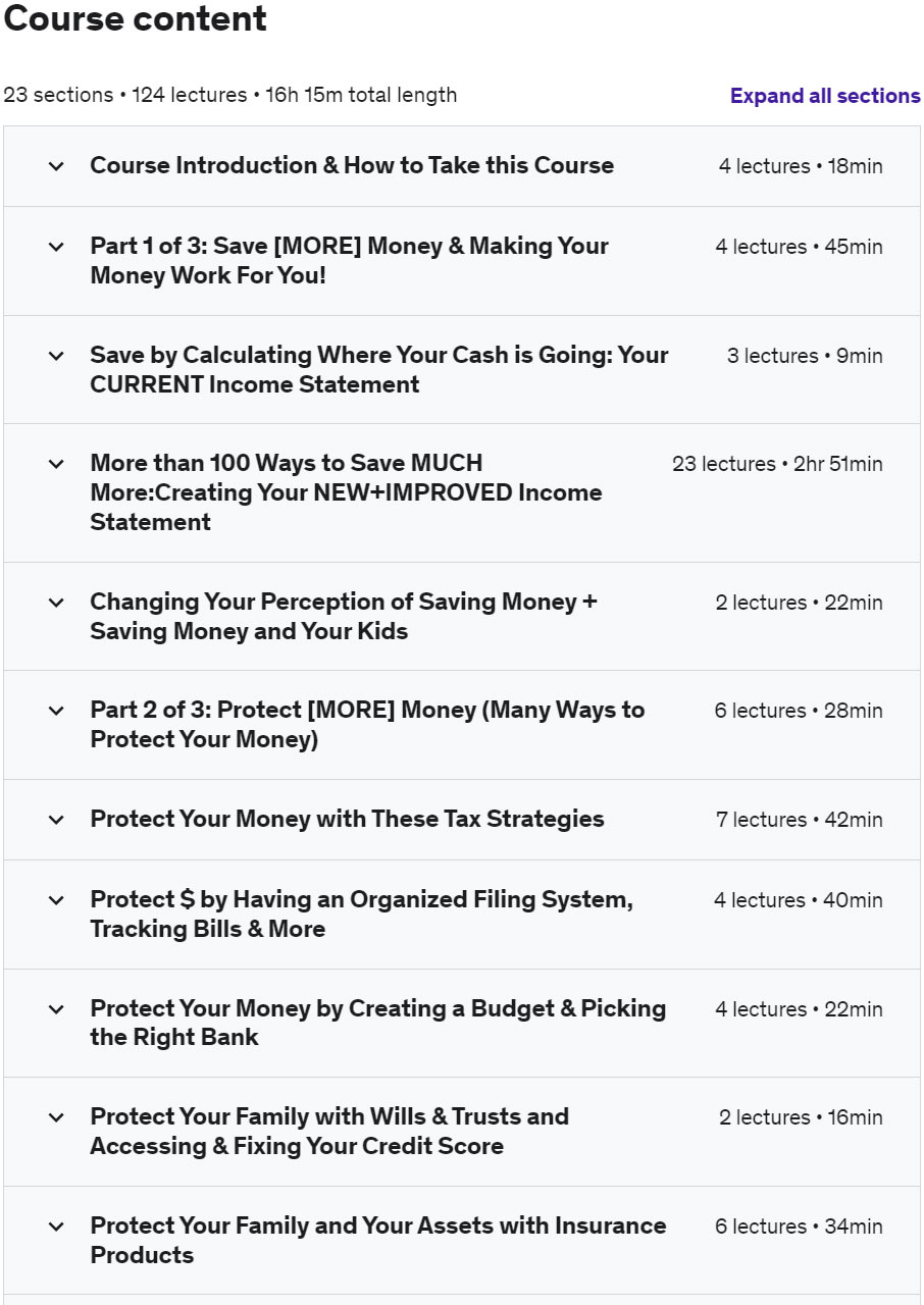 Course topics · Udemy — The Complete Personal Finance Course: Save,Protect,Make More 2023-2