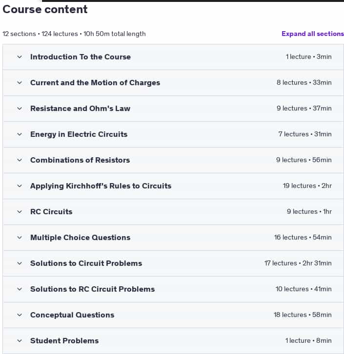Course topics · Udemy — Physics Ninja: Mastering Ohm’s Law and DC Circuits 2025-6