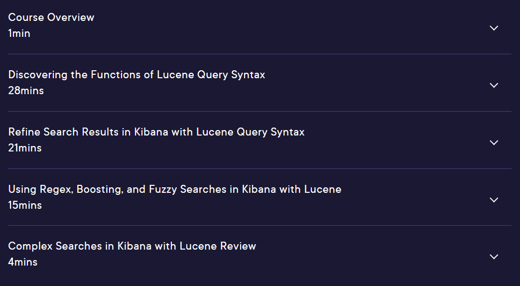 Course topics · Pluralsight — Perform Complex Search Functions in Kibana with Apache Lucene 7 2024-10
