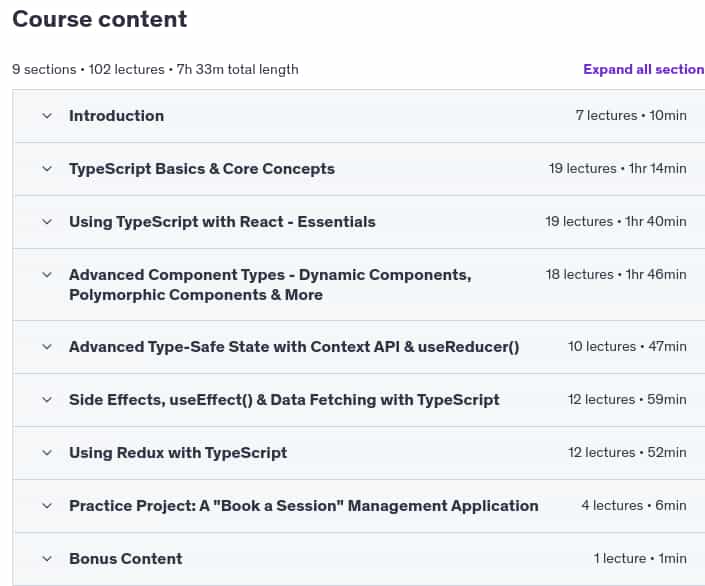 Course topics · Udemy — React & TypeScript – The Practical Guide 2025-4