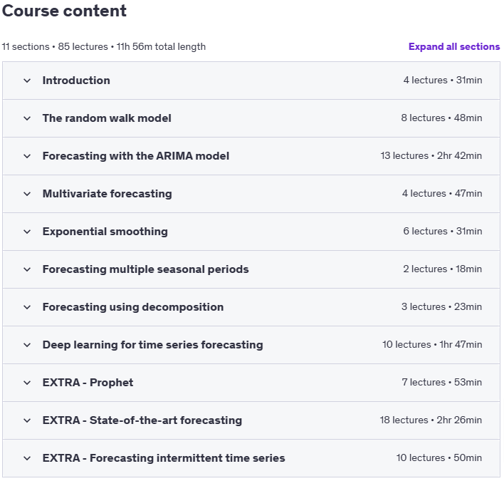 Course topics · Udemy — Complete Time Series Forecasting Bootcamp in Python 2025-1