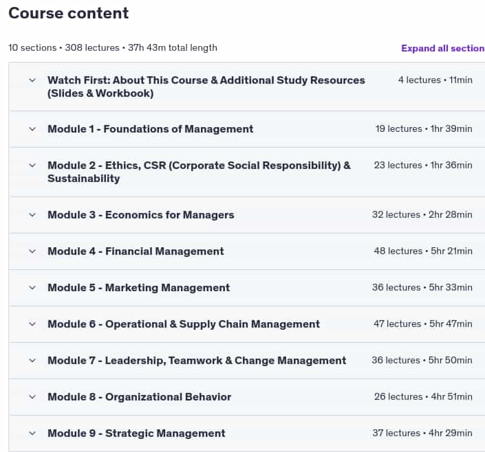 Course topics · Udemy — The Complete Online MBA (2025) 2024-12
