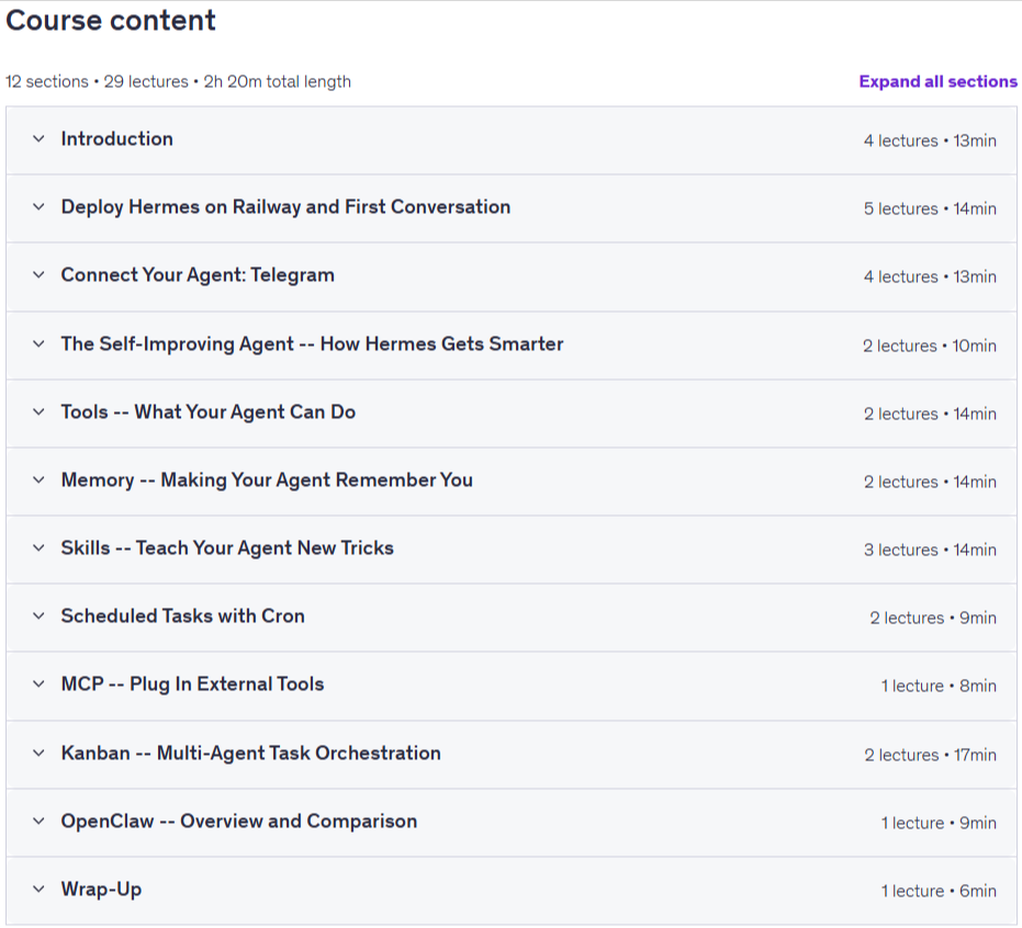 Course topics · Hermes Agent Masterclass: Build Autonomous AI Workflows 2026-6