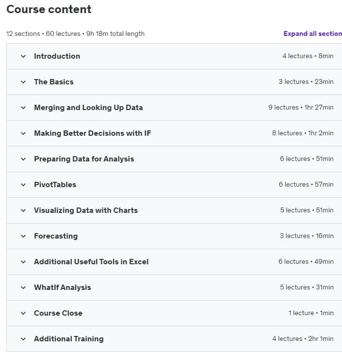 Course topics · Excel for Business Analysts Online Course 2020-10