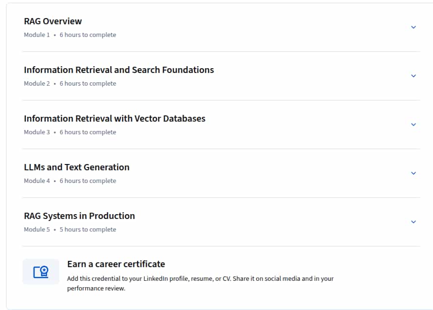 Course topics · Coursera — Retrieval Augmented Generation (RAG) 2025-7