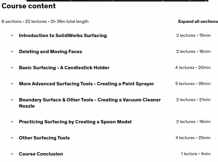 Course topics · SolidWorks SURFACING Fundamentals 2023-11