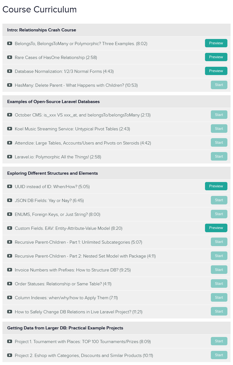 Course topics · Laravel Daily – How to Structure Databases in Laravel 2021-4