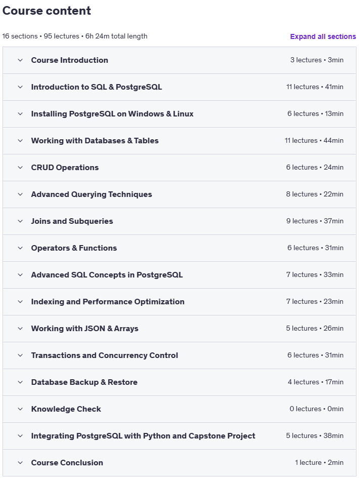 Course topics · PostgreSQL for the Absolute Beginners – Hands-On 2025-8
