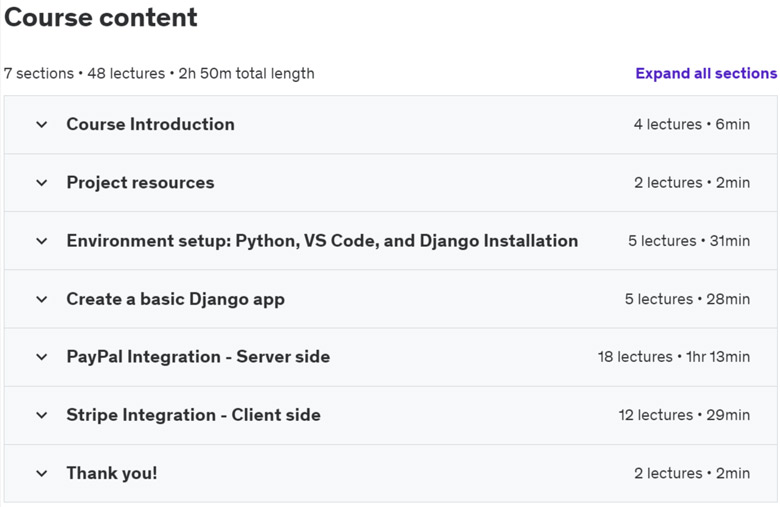 Course topics · Udemy — Python Django: Payment Gateways for Beginners 2023-6