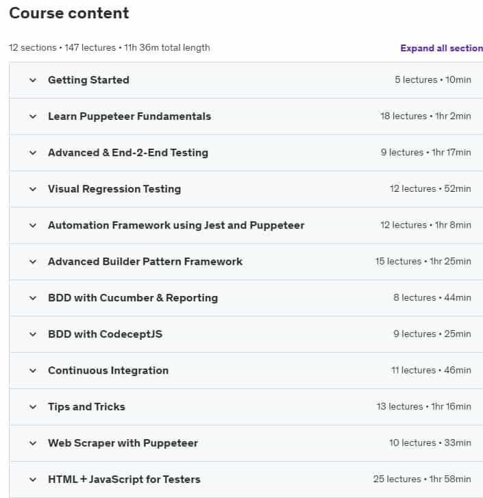 Course topics · Udemy — Automated Software Testing with Puppeteer 2023-11