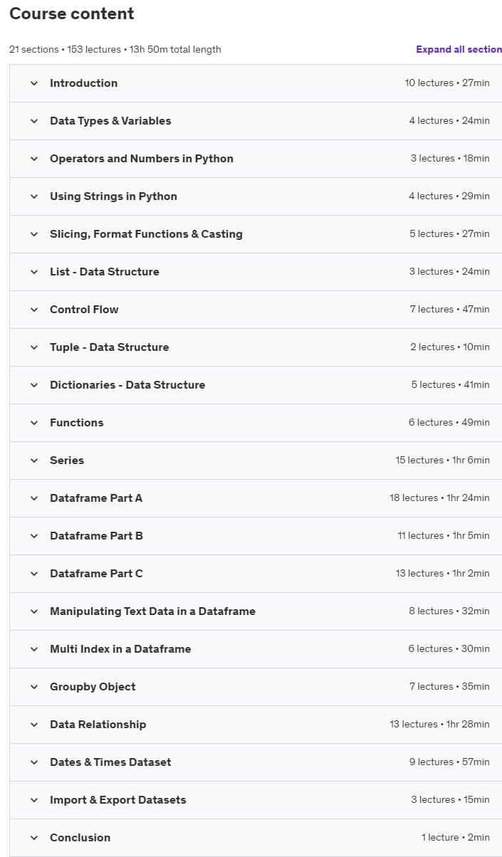 Course topics · Python for Data Analysis & Data Science 2021-4