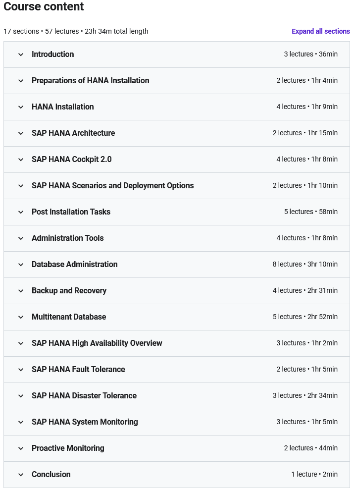 Course topics · Udemy — SAP HANA Administration 2020-7