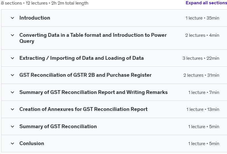 Course topics · Automate GST Reconciliation- Using Power Query 2024-8