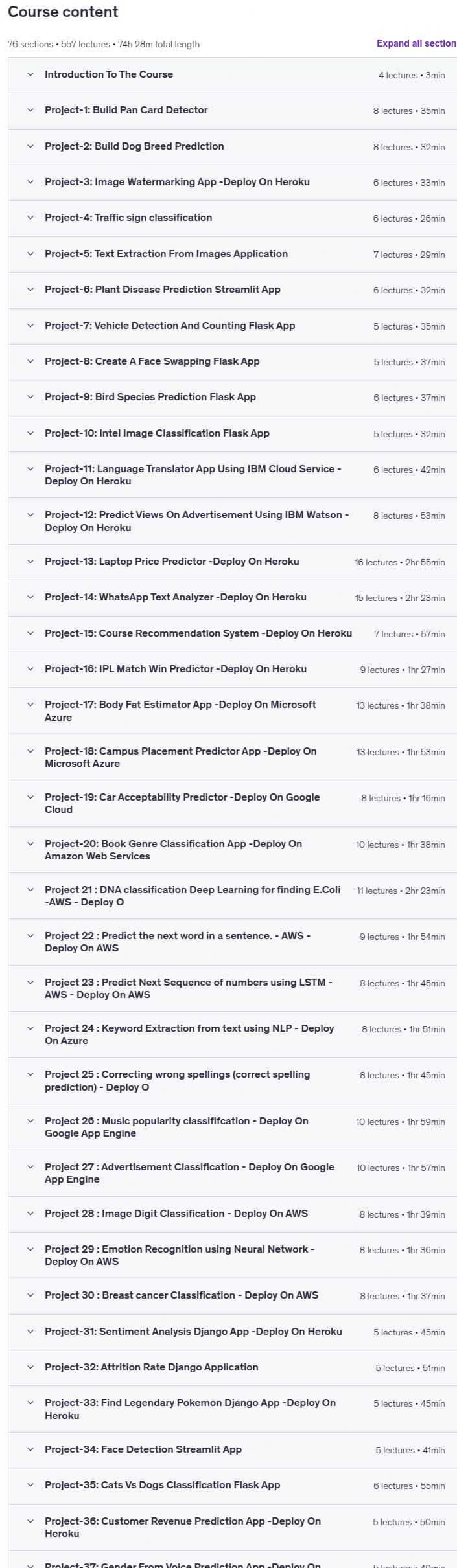 Course topics · Udemy — Build 75 Powerful Data Science & Machine Learning Projects 2025-9