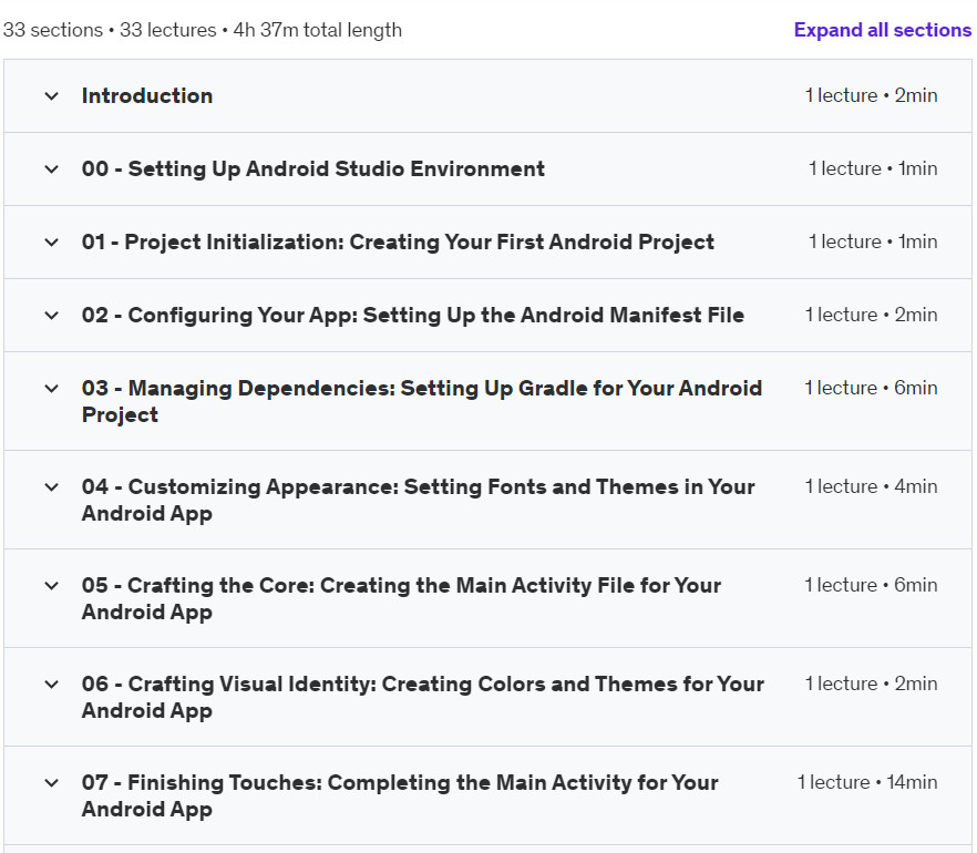 Course topics · Build Offline Music Player App: Android Studio from scratch 2024-5