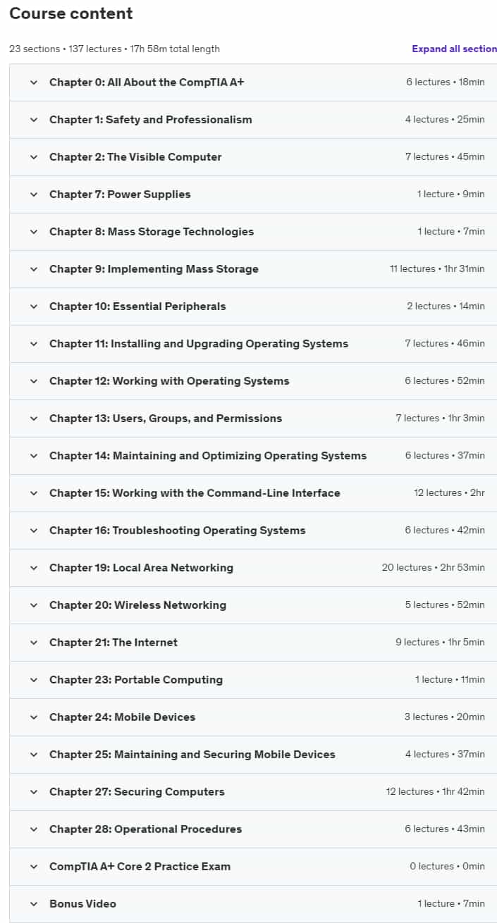 Course topics · Udemy — TOTAL: CompTIA A+ Core 2 (220-1102) Course + Practice Test 2024-2