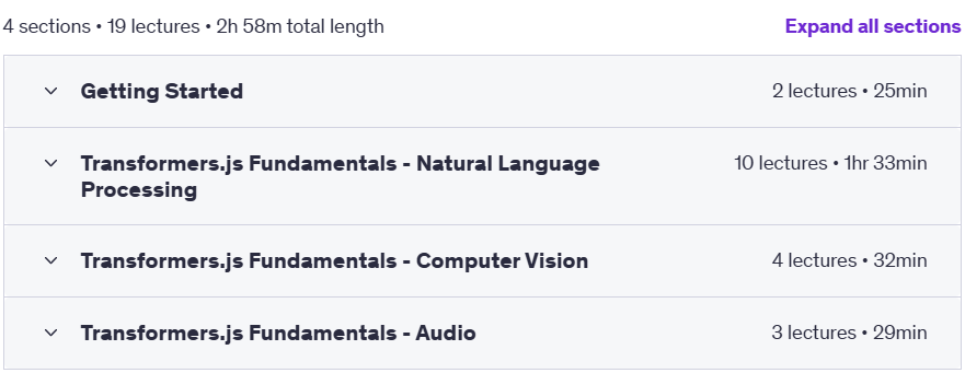 Course topics · Udemy — Hugging Face-Transformers.js: Free AI Models for JavaScript 2023-9