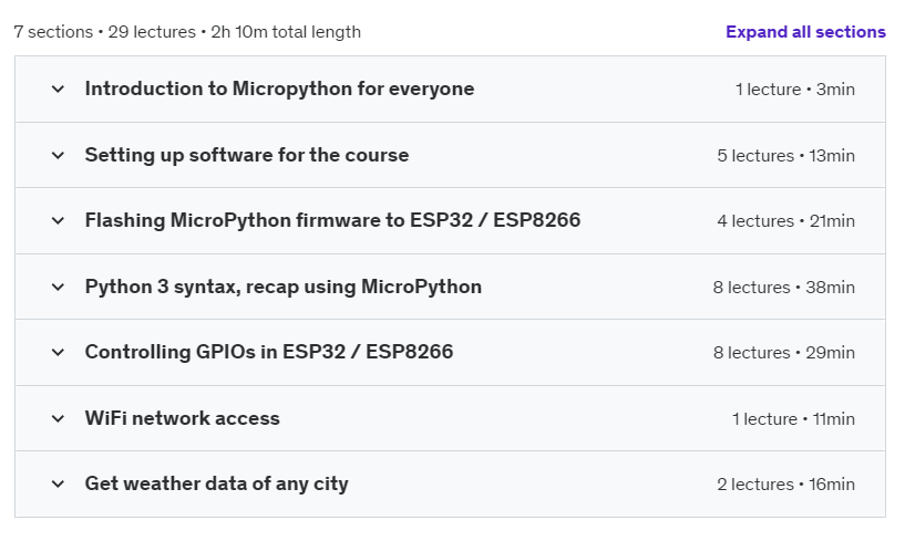 Course topics · Udemy — MicroPython for everyone using ESP32 / ESP8266 (Beginner) 2020-7