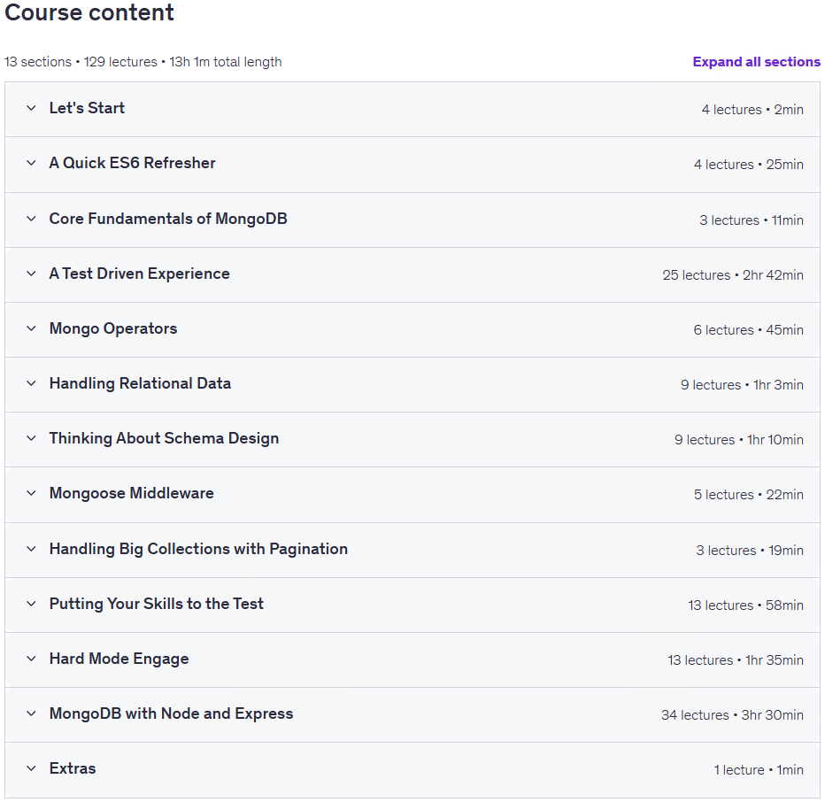 Course topics · The Complete Developers Guide to MongoDB 2025-11