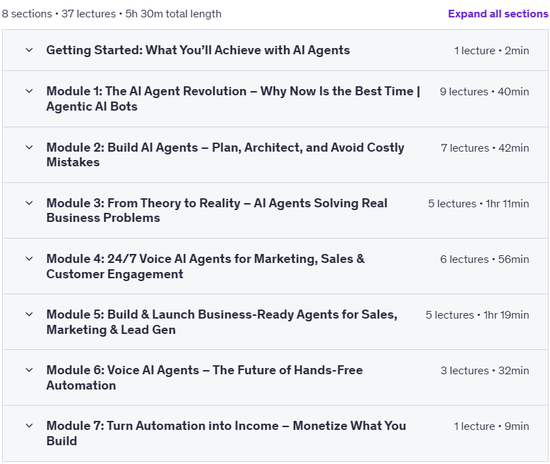 Course topics · Udemy — Build No Code AI Agents For Sales, Marketing & Operations! 2025-1