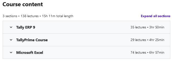Course topics · Udemy — Tally ERP 9 + TallyPrime + Microsoft Excel Training 2020-12