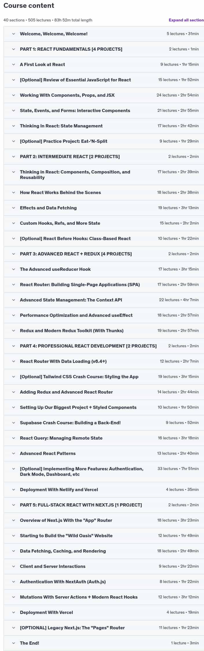 Course topics · Udemy — The Ultimate React Course 2025: React, Next.js, Redux & More 2025-3