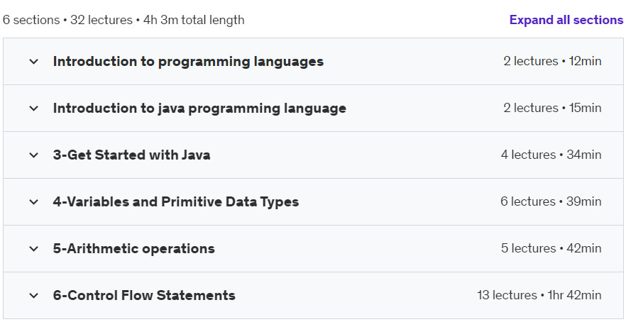 Course topics · Java for Absolute Beginners 2024-5