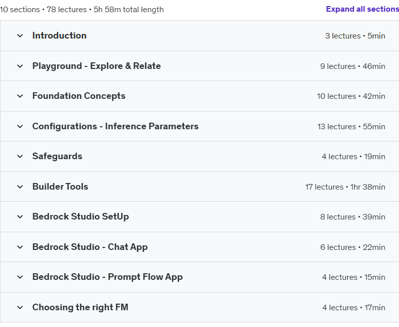 Course topics · Udemy — Amazon Bedrock: AWS GenAI for All | No Code-100% Drag & Drop 2024-10