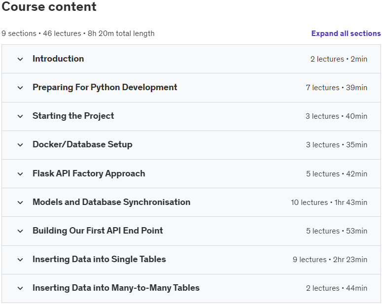 Course topics · Udemy — Try Python Flask API Development 2025 2024-2/2025-3