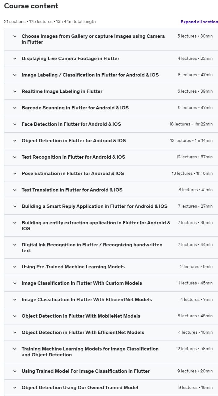 Course topics · Udemy — Machine Learning use in Flutter – The 2024 Flutter ML Guide 2022-11