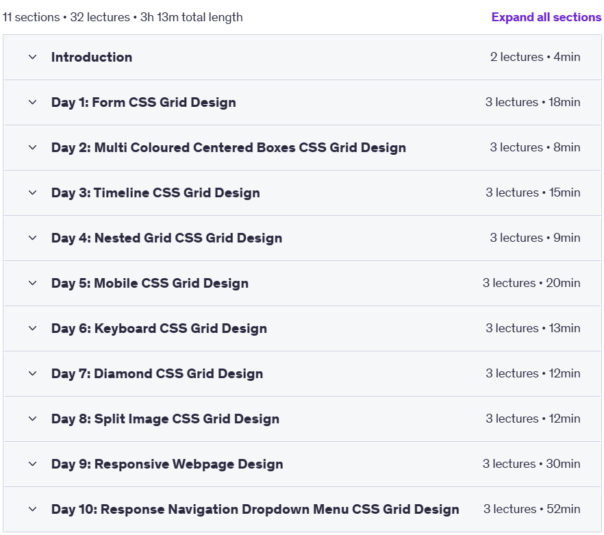 Course topics · Udemy — 10 Days Of CSS Grid 2025-1