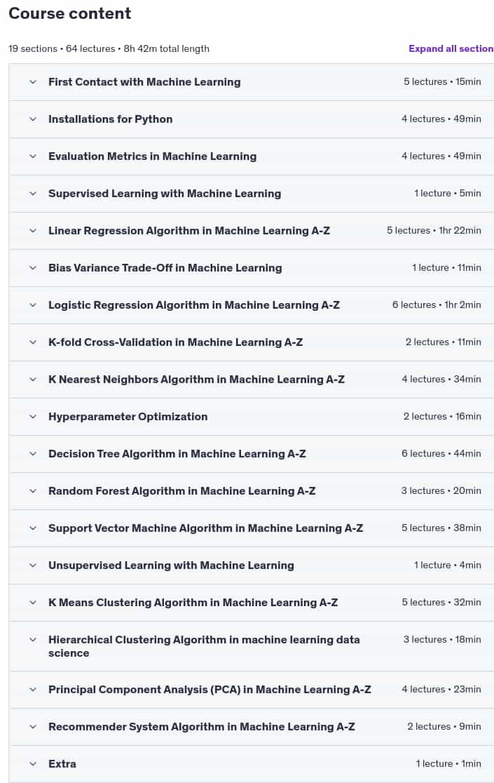 Course topics · Complete Machine Learning & Data Science with Python | A-Z 2025-4
