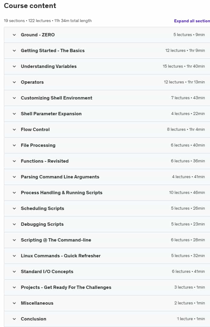 Course topics · Udemy — Mastering Bash Shell Scripting: Automate your daily tasks 2022-1