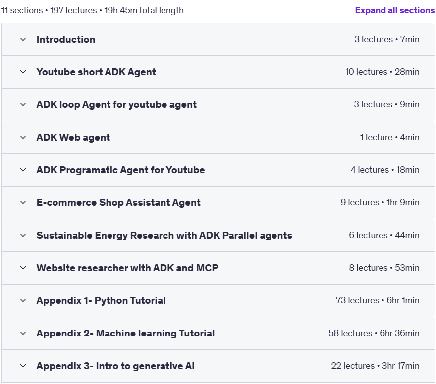 Course topics · Udemy — Master Agentic AI with Google ADK and MCP 2025-7
