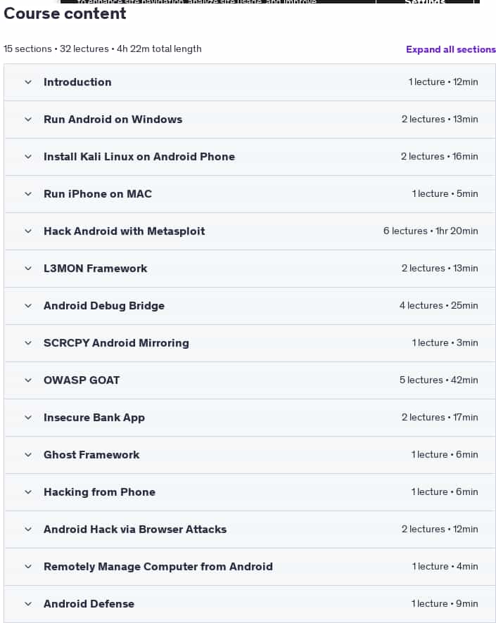 Course topics · Udemy — Full Mobile Hacking Course 2025-4