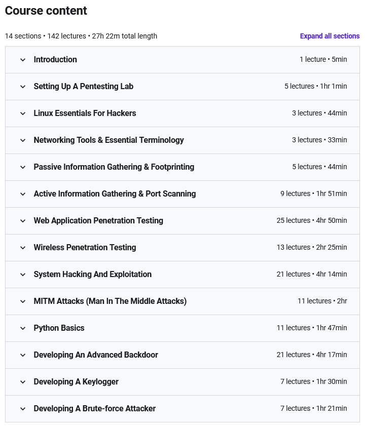 Course topics · Udemy — The Complete Ethical Hacking Bootcamp: Beginner To Advanced! 2019-6