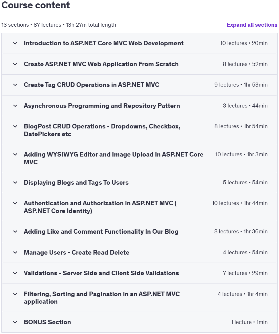 Course topics · Udemy — ASP.NET MVC Complete Guide using .NET Core [.NET8 Updated] 2024-8