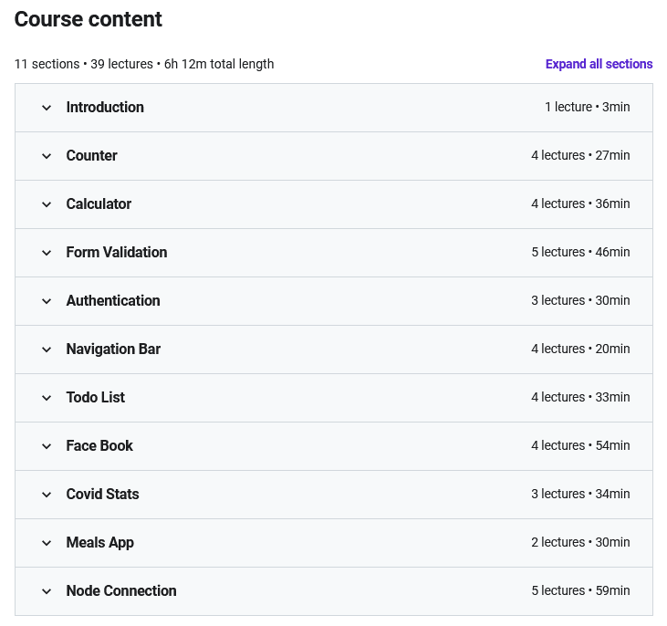 Course topics · Udemy — Master React JS with 10 Hands-On Projects 2021-3