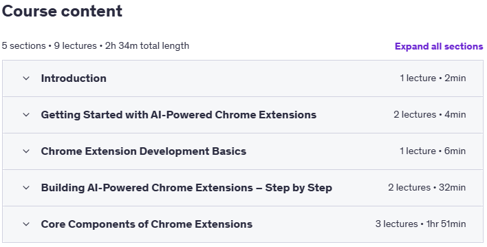 موضوعات الدورة · تعلم تطوير 10x Chrome Extension مع Ai & Ai وكيل 2025-4