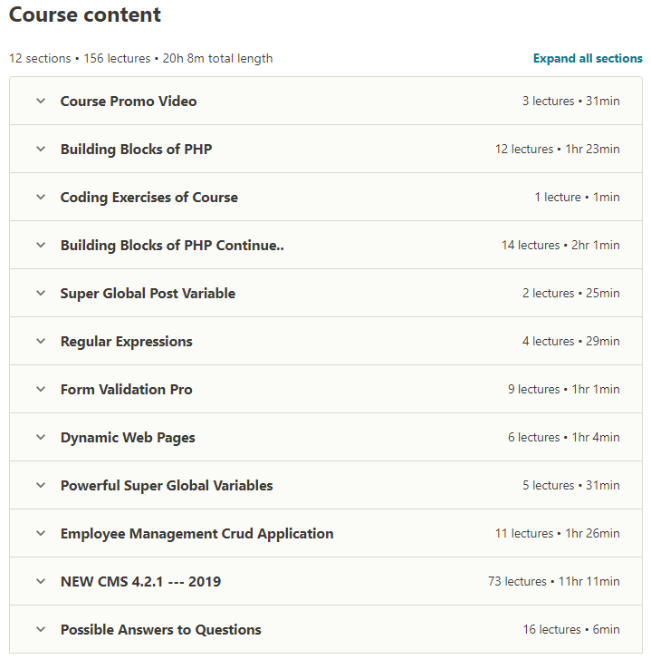 Course topics · Udemy — The Complete PHP MYSQL Professional Course with 5 Projects 2020-3