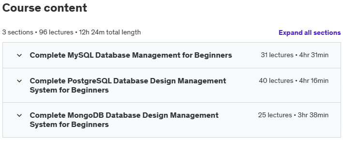 Course topics · MySQL, PostgreSQL and MongoDB Database Design Masterclass 2024-11